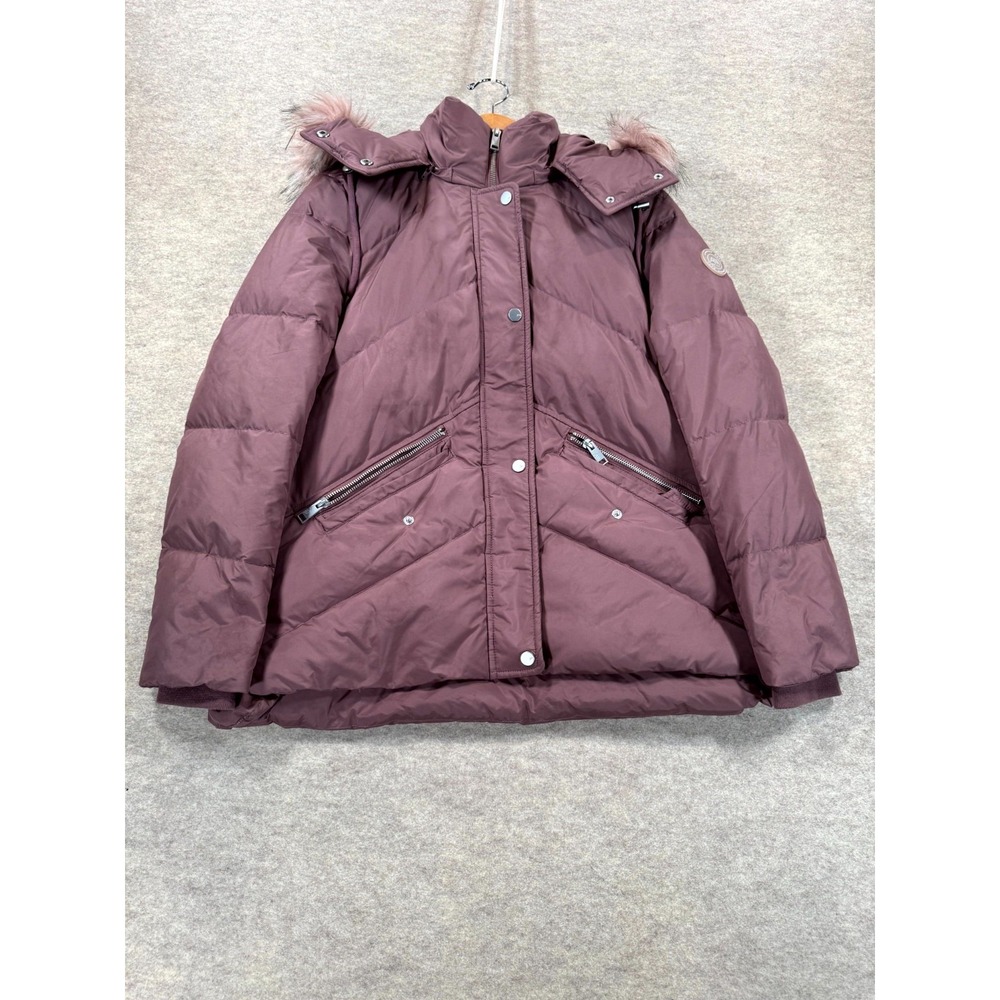 Andrew Marc Down Puffer Jacket Womens Small Purple Faux Fur Hooded Full Zip